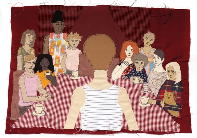 Ren tells their polyamorous family at the dinner table that they need quiet time alone, textile collage illustration
