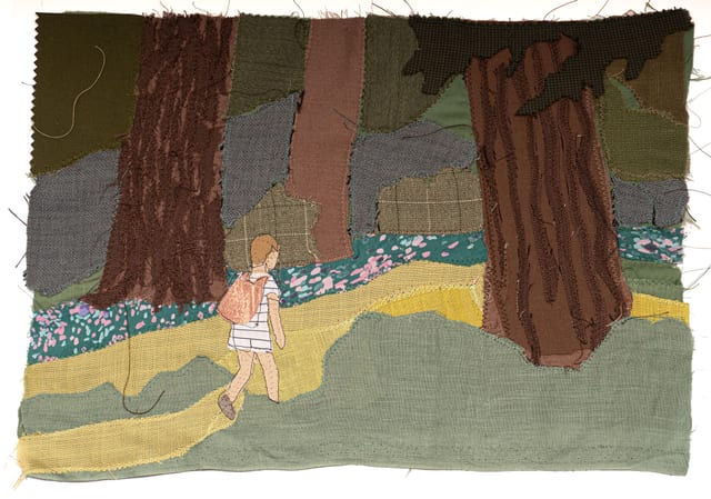 Non-binary child Ren walks alone in the forest, hand-sewn fabric illustration from a diverse family picture book