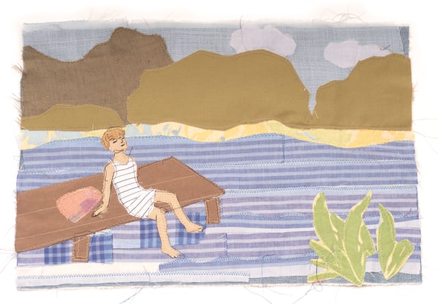 Ren floats in a lake enjoying alone time, textile collage from a kids book about needing quiet
