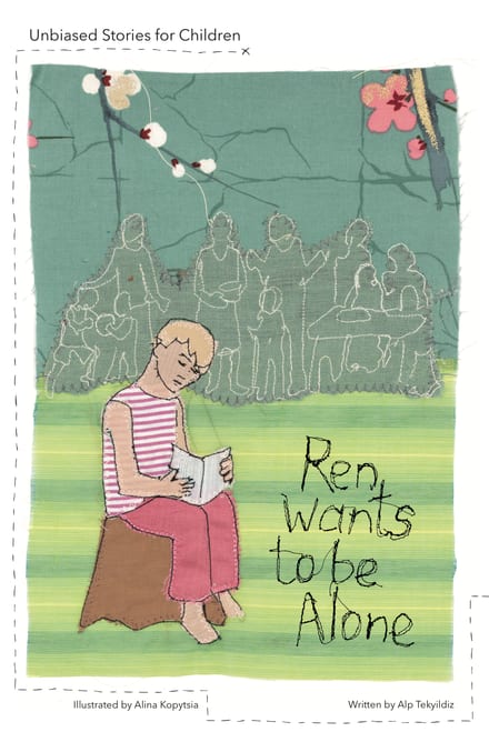 Cover of Ren Wants to be Alone: textile collage of Ren reading on striped grass, their big family stitched in outline behind
